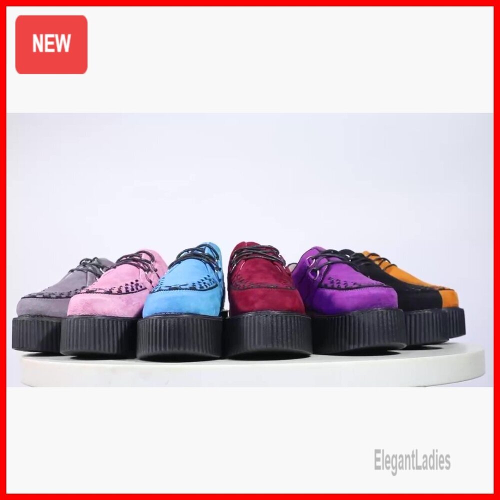 Handmade Suede Lace Up Flat Platform Creepers Punk Fashion Shoes - Picture 7 of 7
